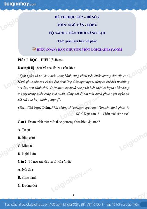 Đề thi học kì 2 Văn 6 Chân trời sáng tạo - Đề số 2